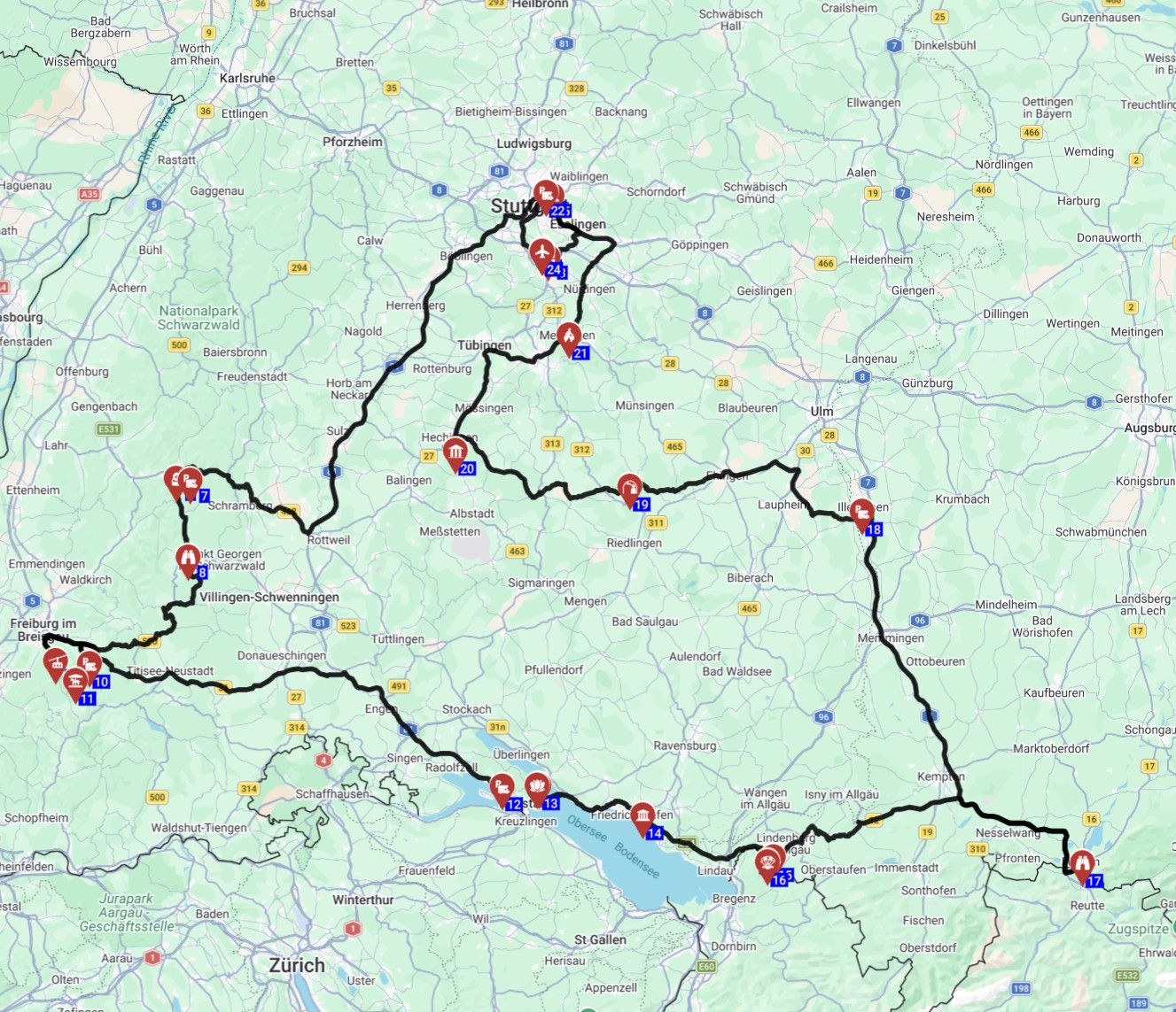 Map for טיול משפחתי בגרמניה 8 ימים תכנון מסלול משטוטגרט ליער השחור והשכרת קרוואן